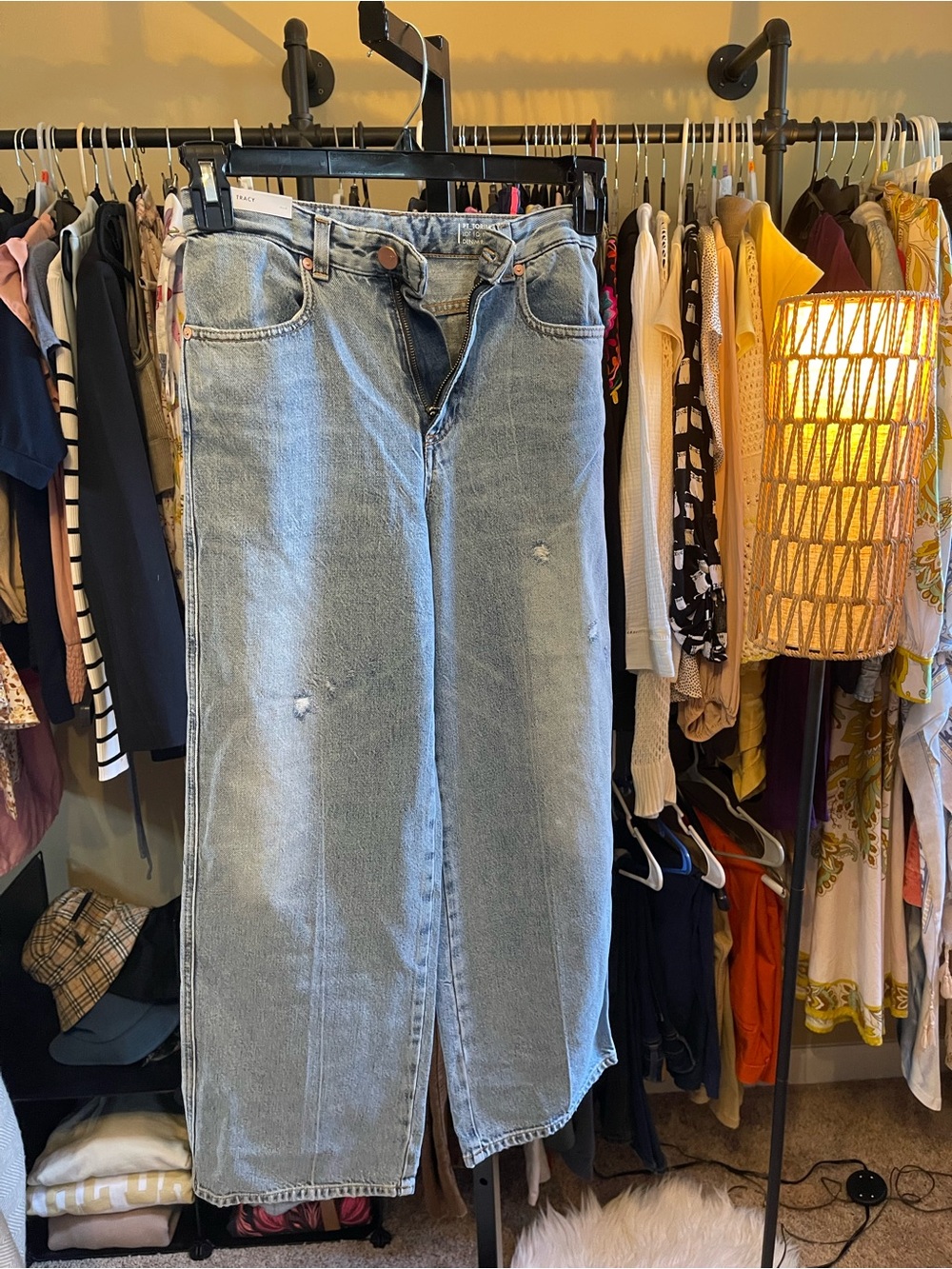 High-Rise Light Blue Straight Jeans with Front Slit